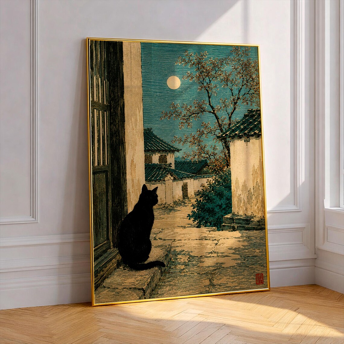 Black Cat Moonlight Ukiyoe Poster Japanese Woodblock Night Alley Cat Art