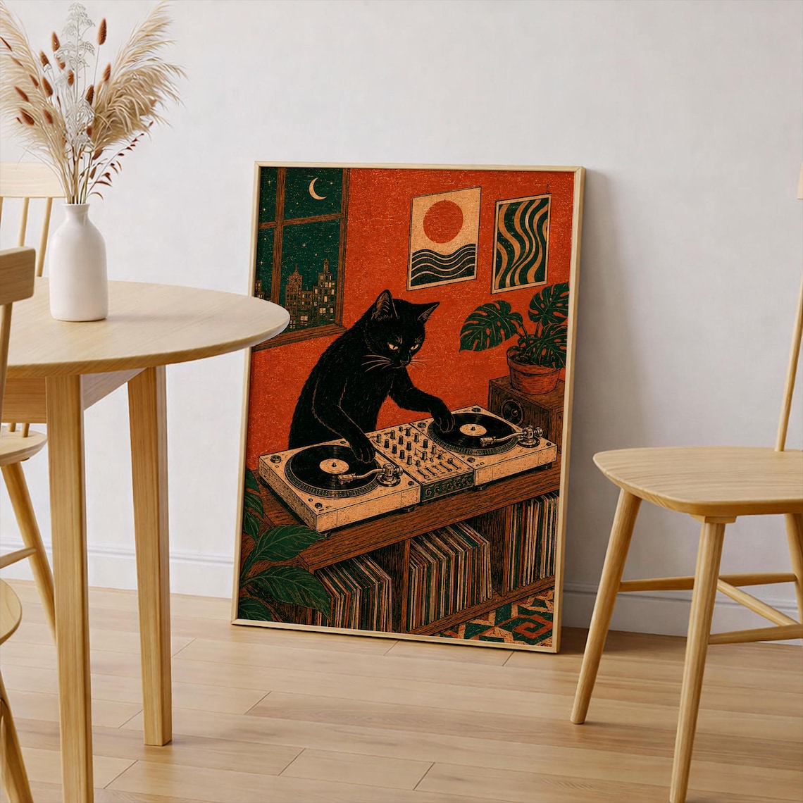 Black Cat DJ Print, Vintage Linocut Music Decor - Image 3