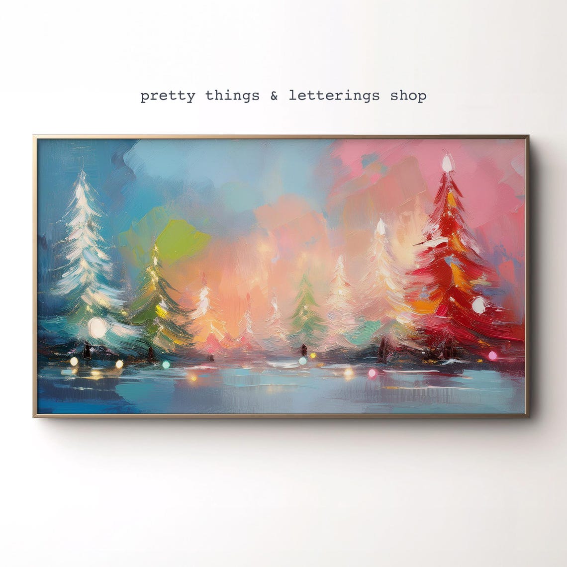 Colorful Abstract Christmas Trees Pink Sky String Lights Poster