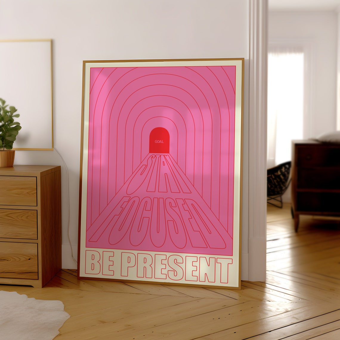 Stay Focused Be Present Pink Retro Arch Tunnel Typography Poster - Image 2