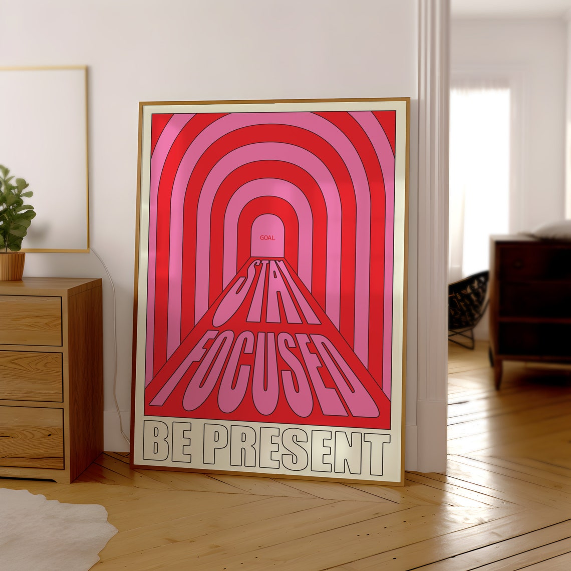 Stay Focused Be Present Pink Red Psychedelic Tunnel Art Poster