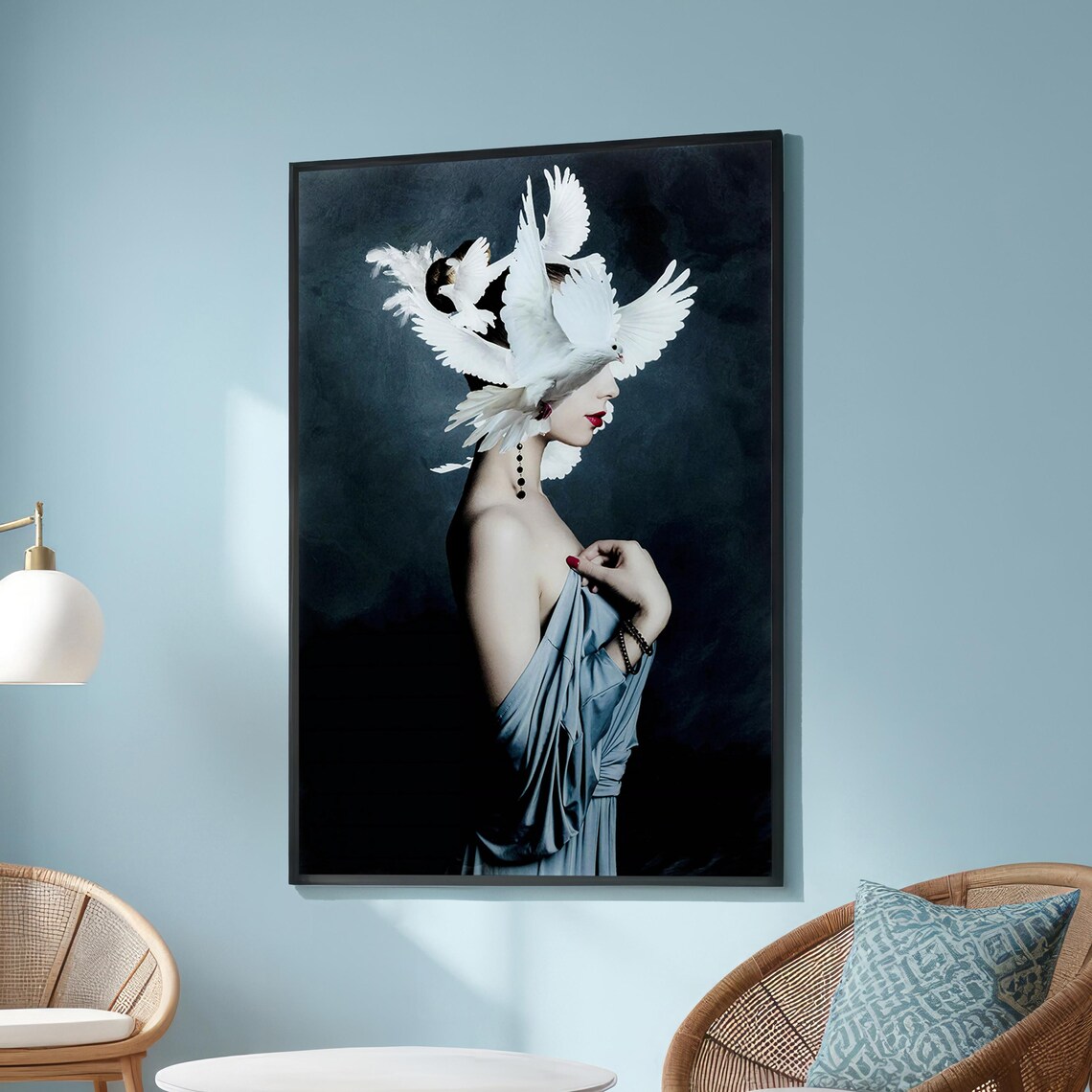 Surreal Woman With White Doves Elegant Dark Fine Art Portrait Poster
