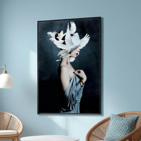 Surreal Woman With White Doves In Flight Elegant Fine Art Canvas Dreamlike Portrait Wall Decor