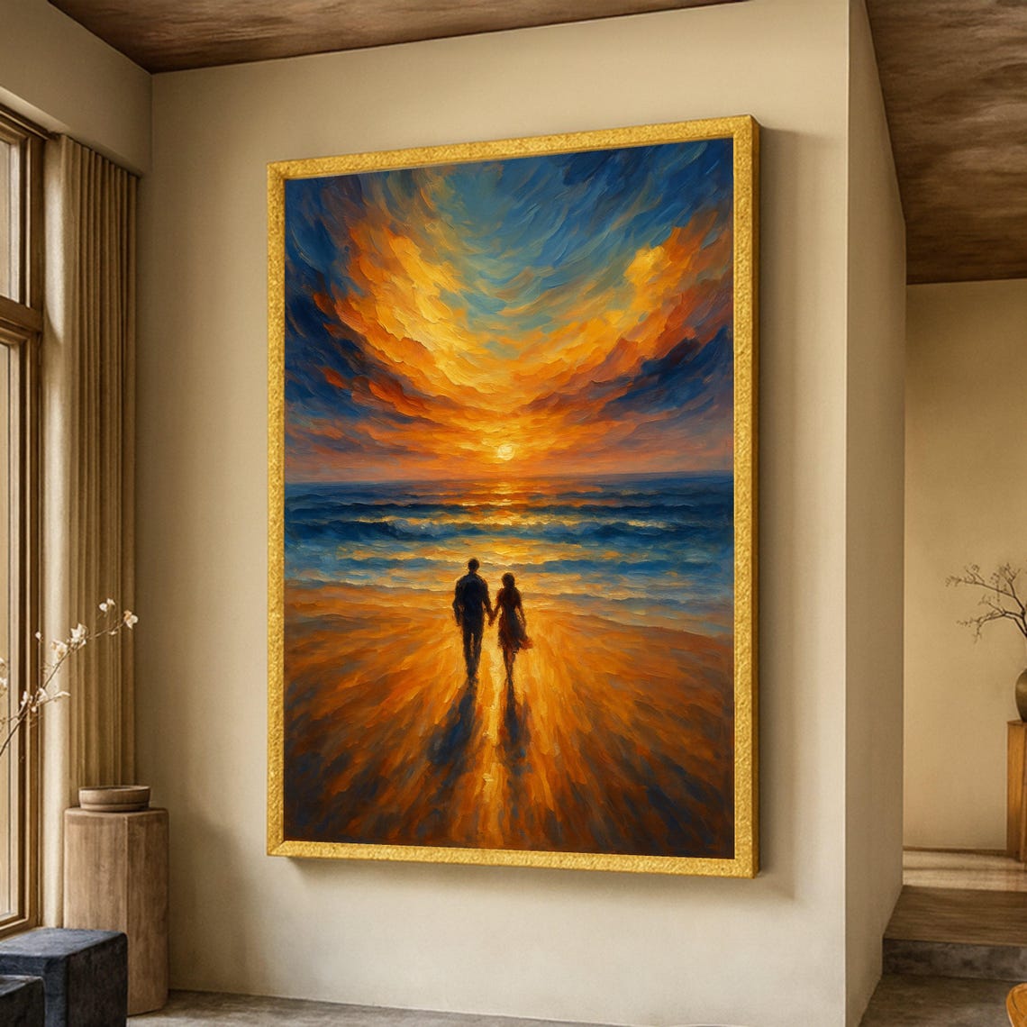 Romantic Couple Walking on Beach at Sunset Ocean Love Poster