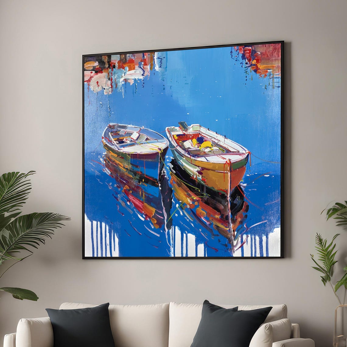 Colorful Boats on Bright Blue Water Bold Impressionist Wall Art