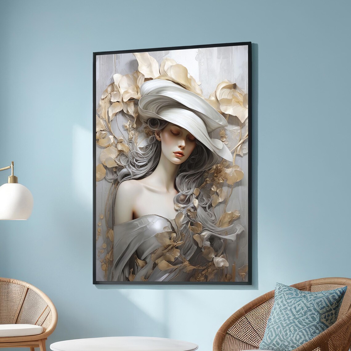 Elegant Woman In White Hat, Surreal Botanical Art Print