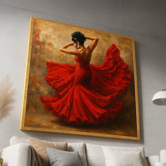 Elegant Flamenco Dancer In Red Dress Canvas Spanish Dance Wall Art Ballet Movement Vibrant Home Decor Ready To Hang Painting