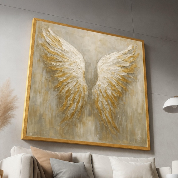 Golden Angel Wings Feather Textured Painting Spiritual Wall Art