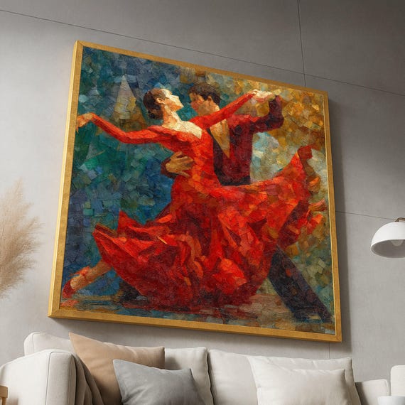 Passionate Tango Dance Red Flamenco Dress Canvas Abstract Couples Dancing Wall Art Romantic Ballroom Scene Vibrant Movement Decoration