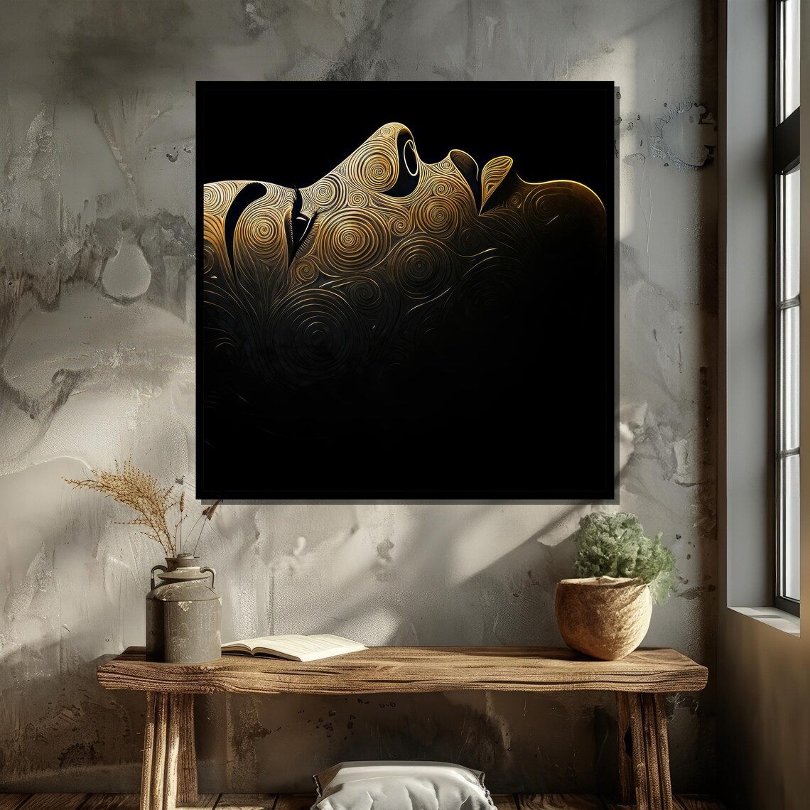 Abstract Face With Spiraling Golden Patterns, Minimalist Art - Image 5