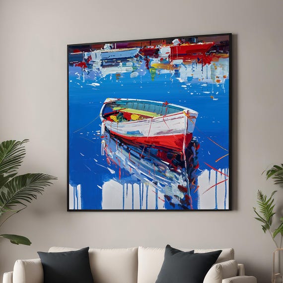 Vibrant Boat on Blue Water, Impressionist Nautical Art
