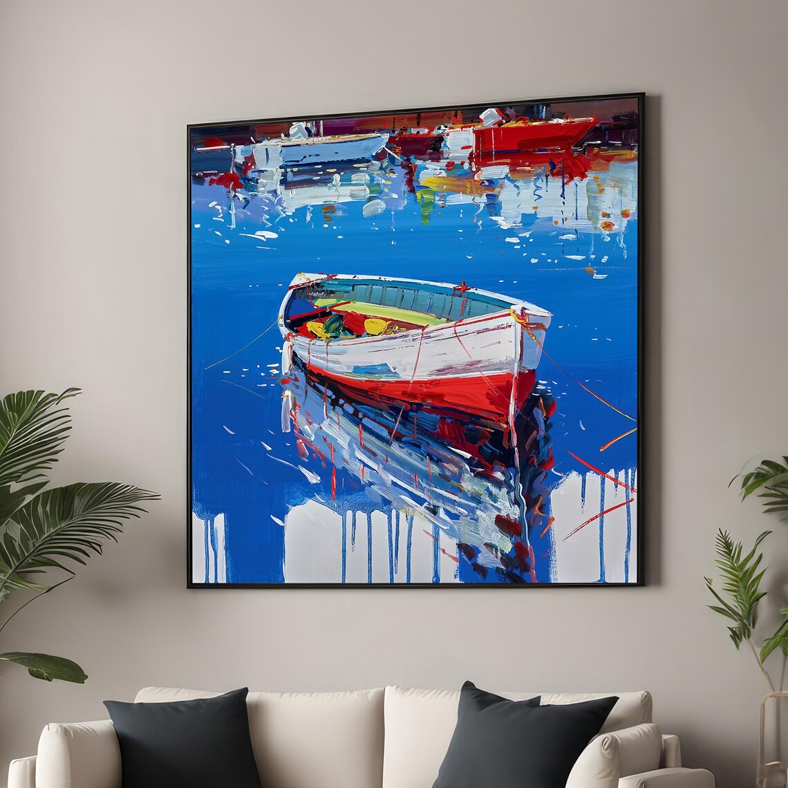 Vibrant Boat on Blue Water, Impressionist Nautical Art