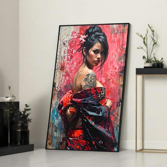Elegant Woman In Red Kimono With Tattoo Modern Realism Canvas Print Striking Wall Art For Bedroom Living Room Or Contemporary Spaces