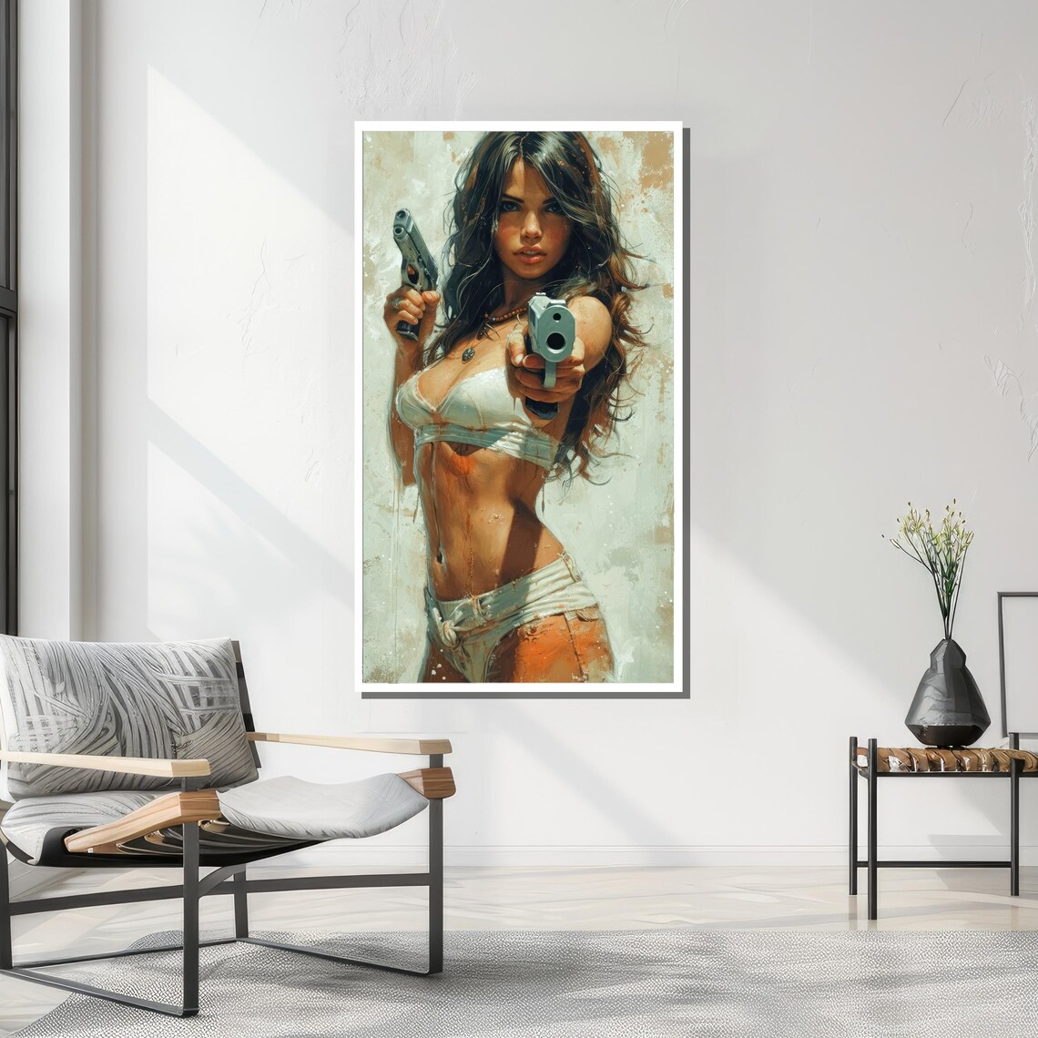 Fierce Woman With Dual Guns, Bold Dynamic Art - Image 3