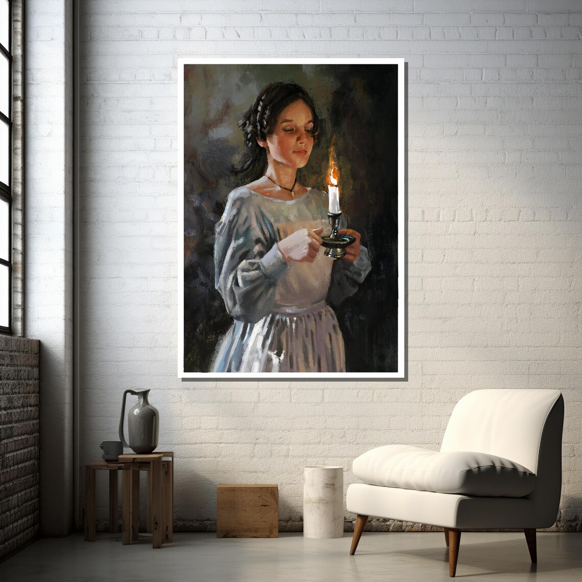 Young Woman Holding Candle, Realistic Impressionist Art - Image 3