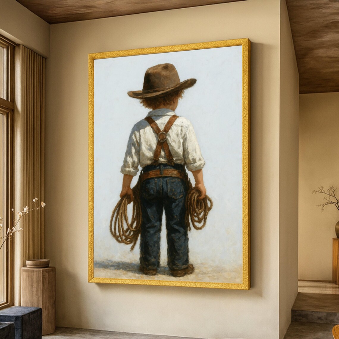 Little Cowboy Boy with Lasso Western Oil Painting Style Art Poster