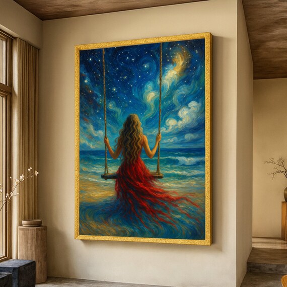 Woman On Swing At Sea Shore, Art Print