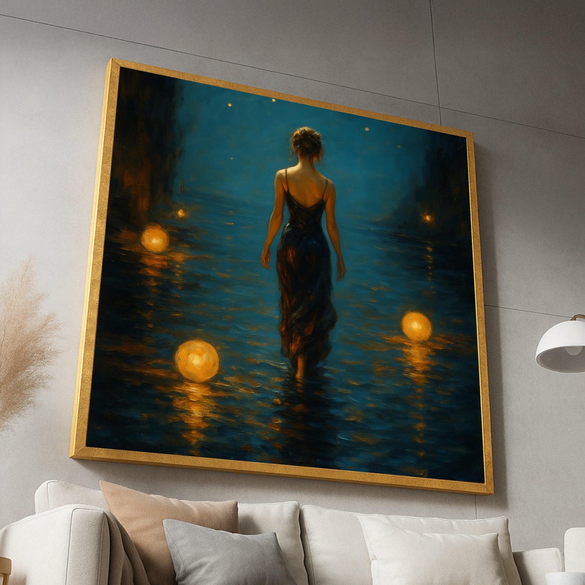 Mystical Woman Walking on Water Night Lanterns Romantic Art Print