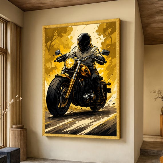 Dynamic Motorcycle Rider Canvas Speed And Freedom Wall Art Bold Yellow Abstract Background Modern Biker Decoration