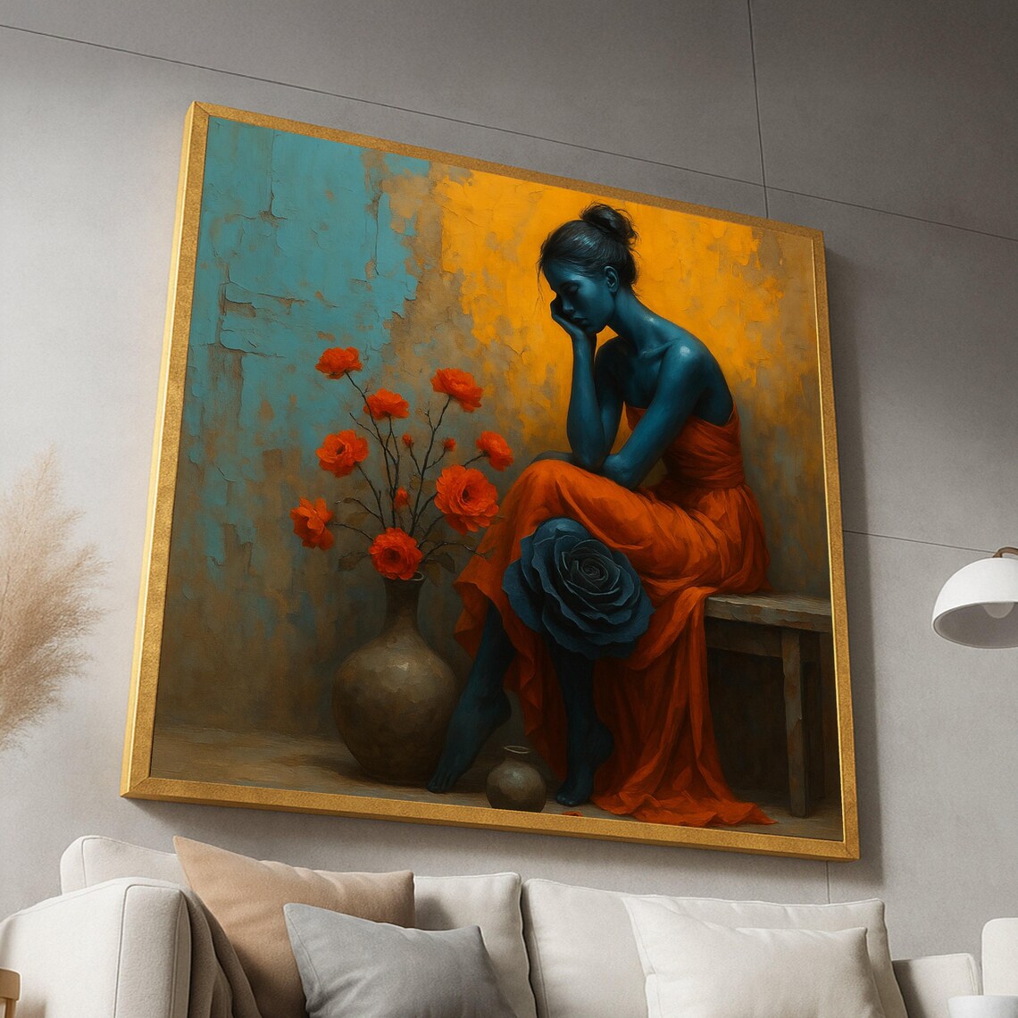 Contemplative Woman in Orange Dress, Moody Art Print