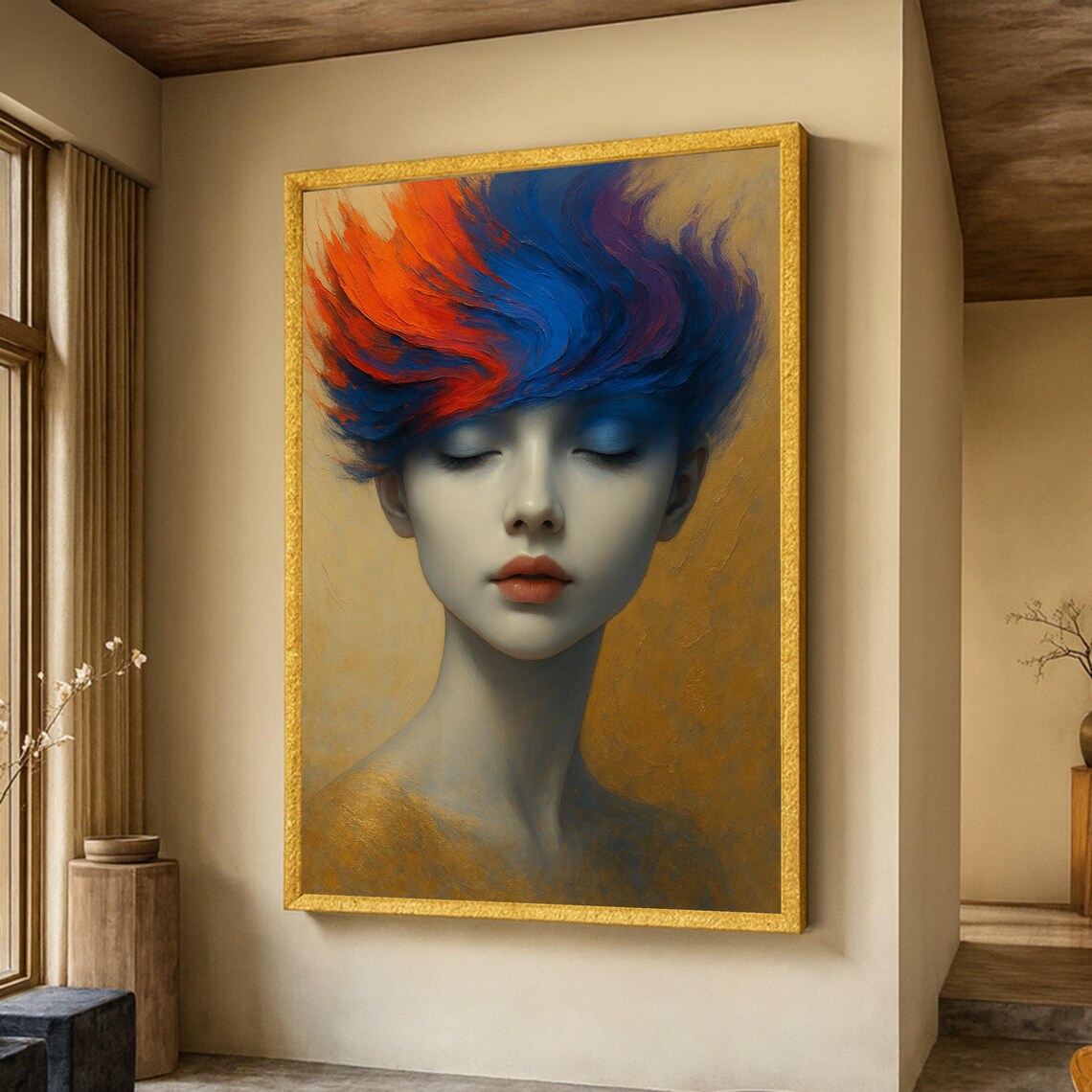 Dreamlike Female Portrait Colorful Abstract Hair Gold Art Poster