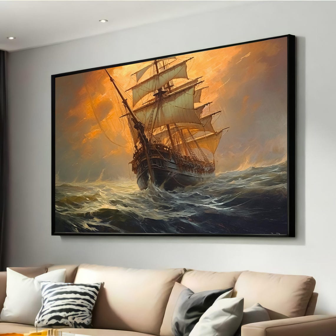 Tall Sailing Ship Stormy Sea Fiery Sunset Ocean Canvas Wall Art