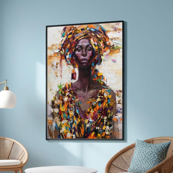 Vibrant African Woman Portrait Bold Colorful Headscarf And Abstract Brushstrokes Modern Ethnic Art For Home Decor