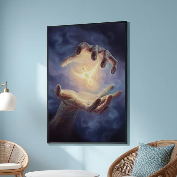 Spiritual Hands And Bird Canvas Mystical Glowing Hummingbird Art Symbolic Surreal Wall Decor Enlightenment Artwork For Meditation Room