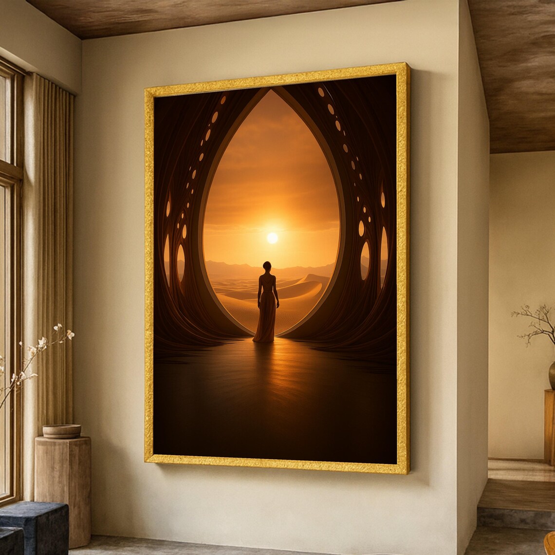 Woman Silhouette Desert Sunrise Organic Arch Surreal Dream Art Poster