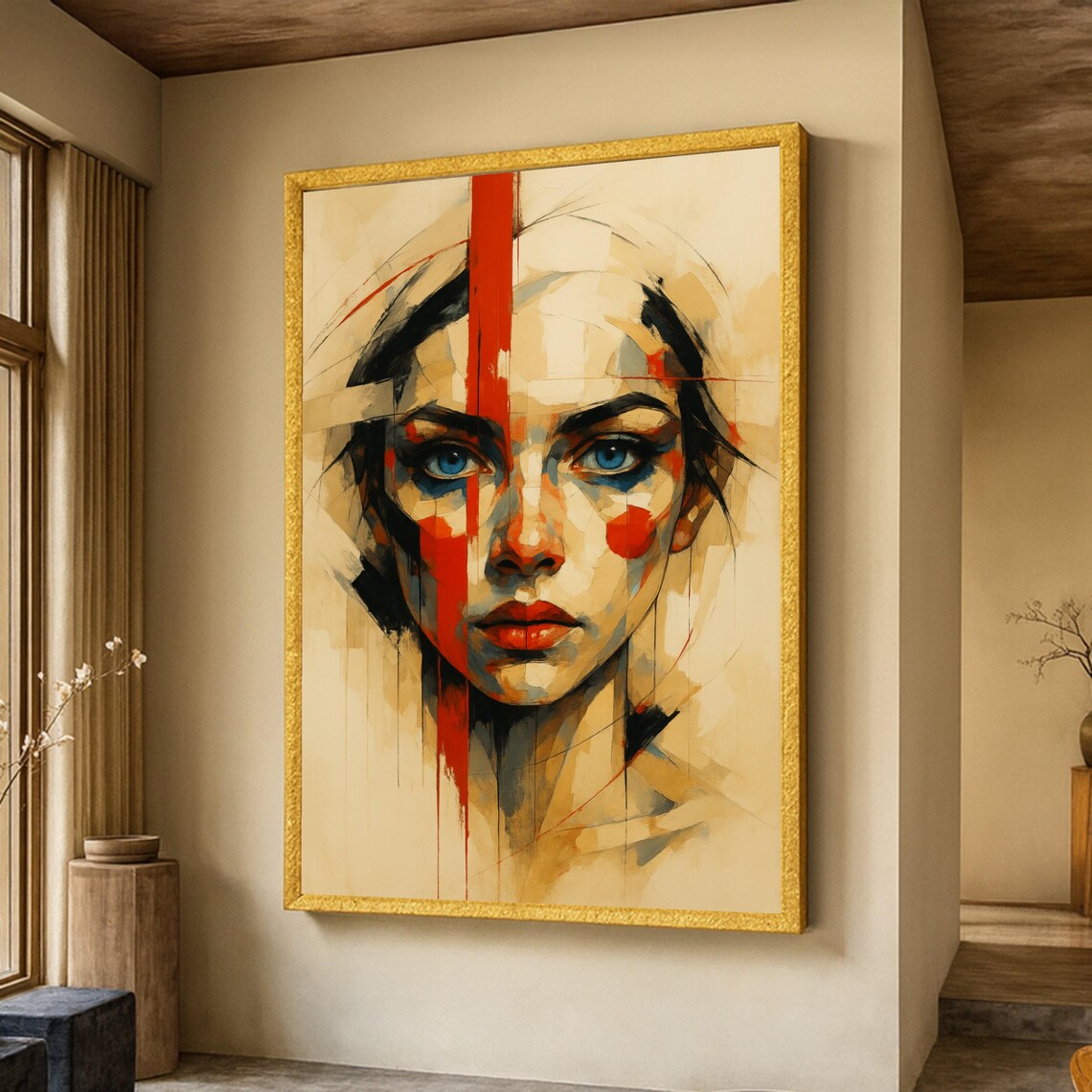 Abstract Woman Portrait Blue Eyes Modern Face Art Print Decor