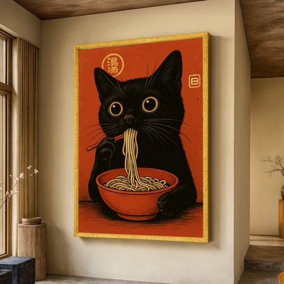 Black Cat Eating Noodles Canvas Cute Animal Wall Art Asian Food Illustration Whimsical Kitchen Decor Playful