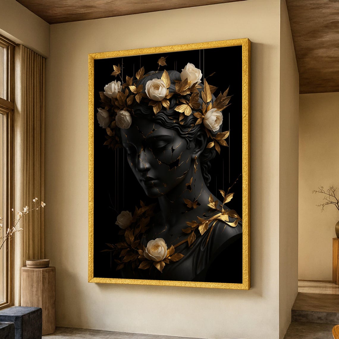 Black Statue Bust White Roses Gold Crack Elegant Floral Poster