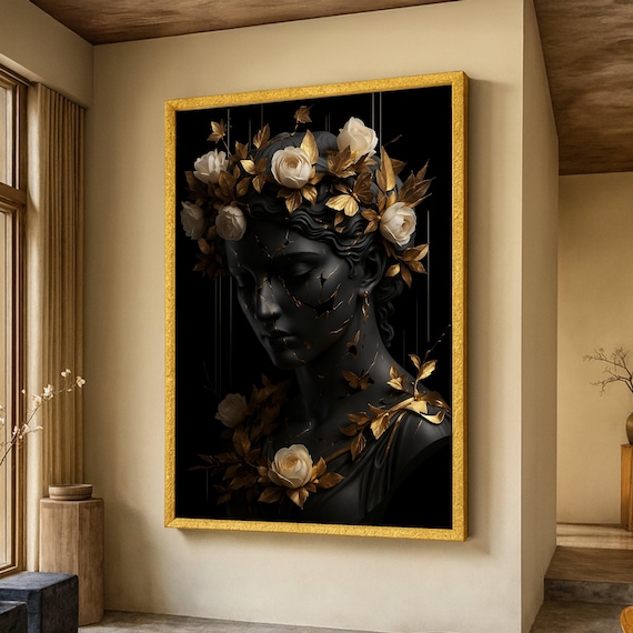 Black Statue Bust White Roses Gold Crack Elegant Floral Poster