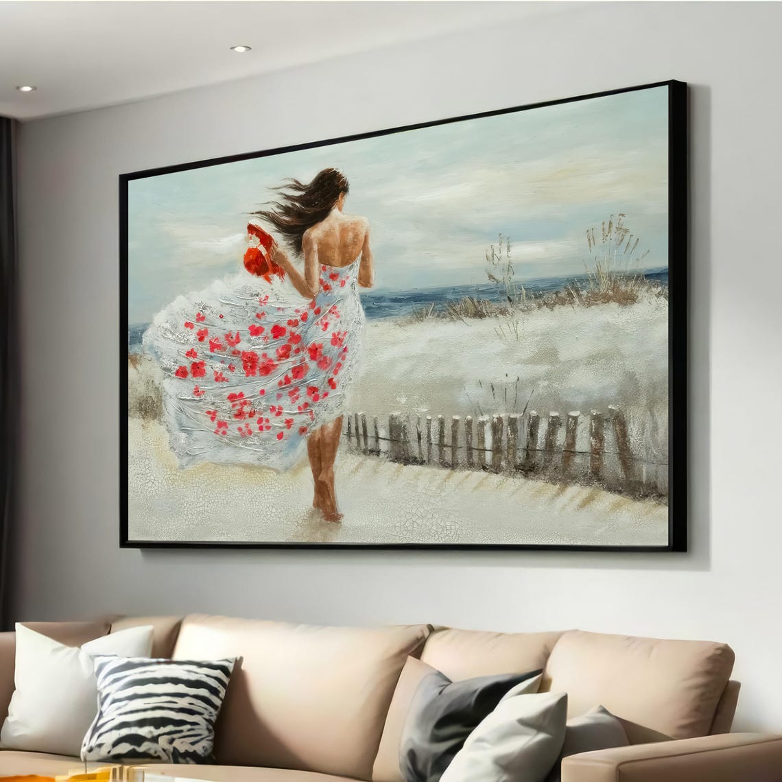 Romantic Woman on Beach Flowing Floral Dress Ocean Canvas Wall Art