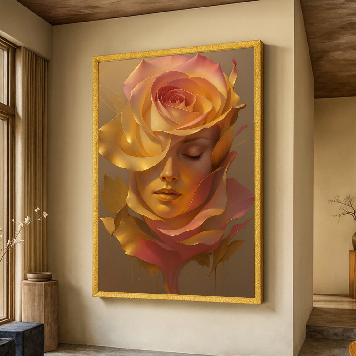 Surreal Golden Rose Face Floral Portrait Abstract Canvas Poster