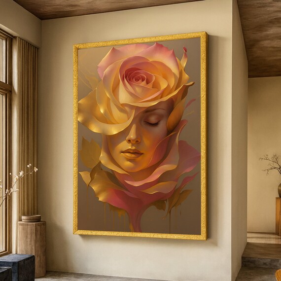 Surreal Golden Rose Face Floral Portrait Abstract Canvas Poster