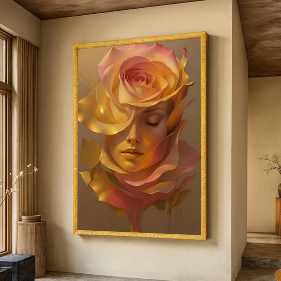 Surreal Rose Face Canvas Wall Art Floral Portrait Painting Abstract Flower Woman Peach Pink Yellow Modern Home Decor