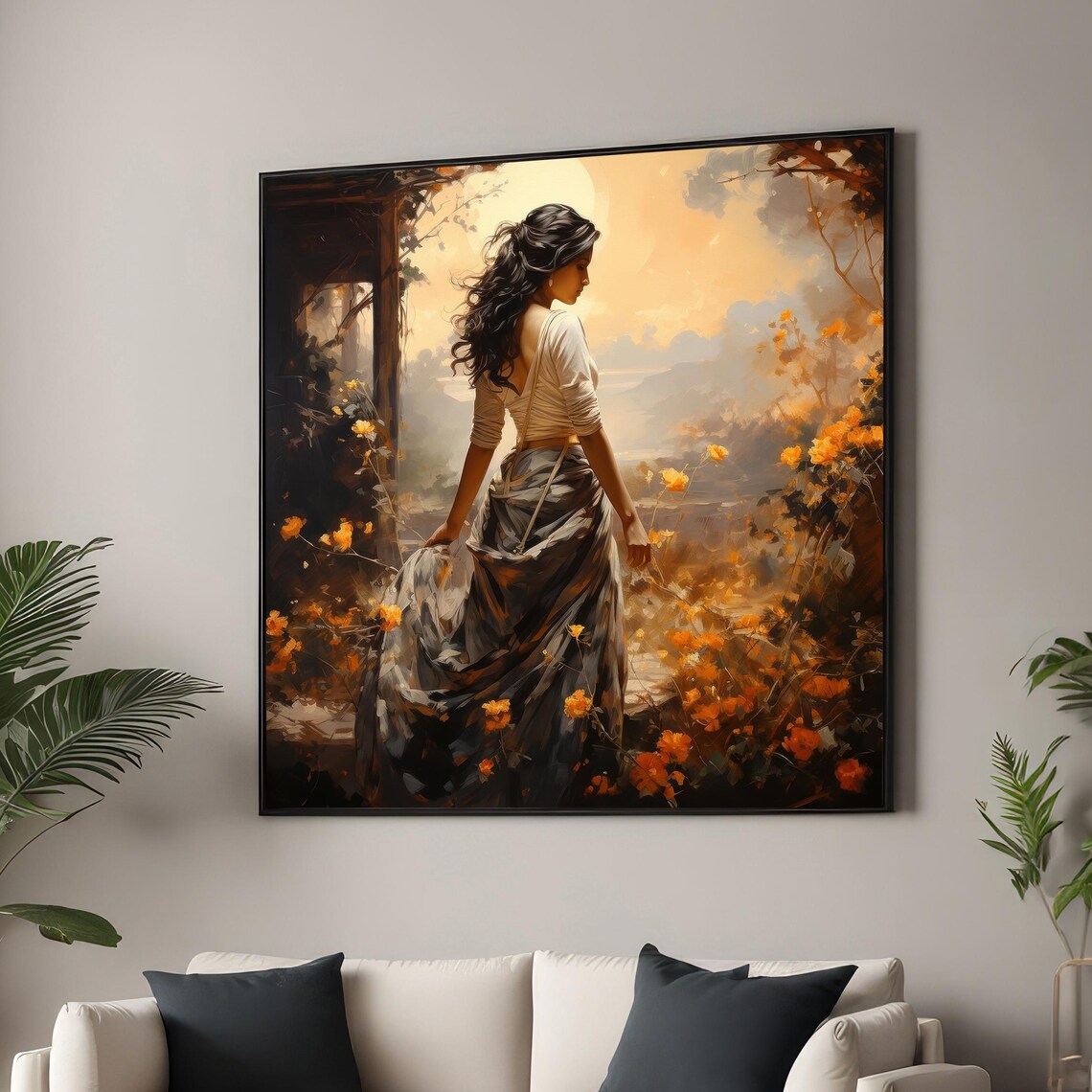 Serene Woman Walking Through Golden Flower Garden Canvas Wall Art