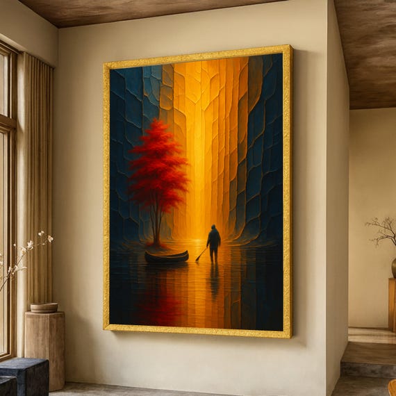 Illuminated River Passage Canvas Lone Explorer Wall Art Red Tree Nature Scene Golden Light Reflection Mystical Landscape