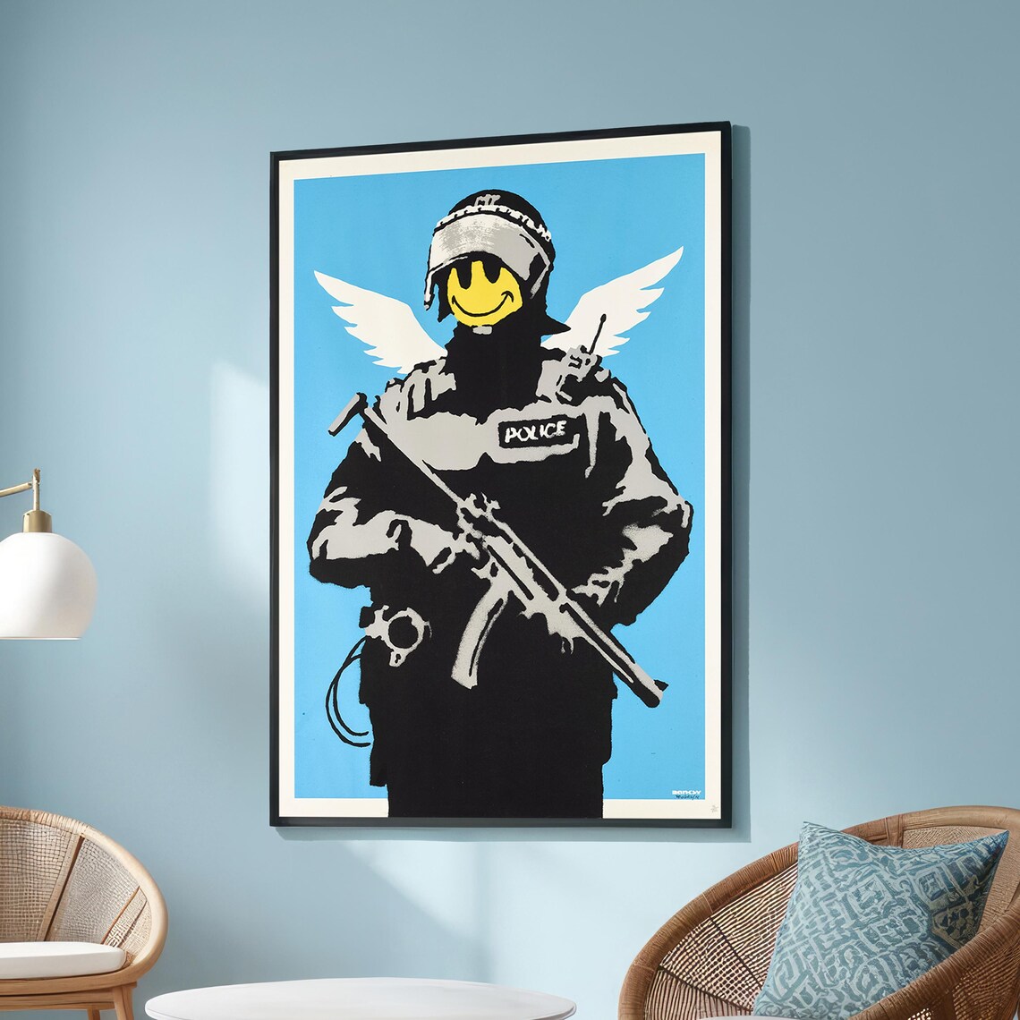 Smiling Riot Police With Angel Wings, Banksy Inspired Street Art