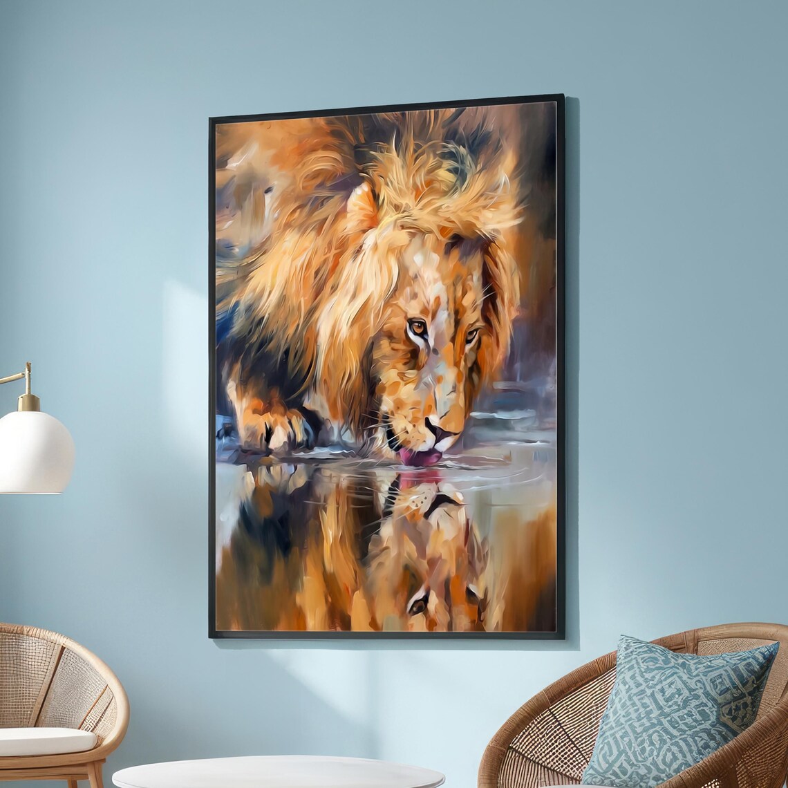 Majestic Lion Drinking Water, Realistic Animal Art Print
