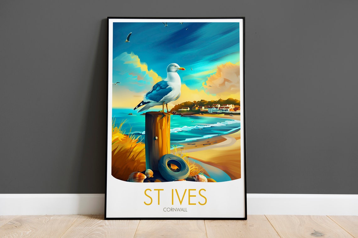 St Ives Cornwall Seagull Beach Post Golden Sunset Art Poster