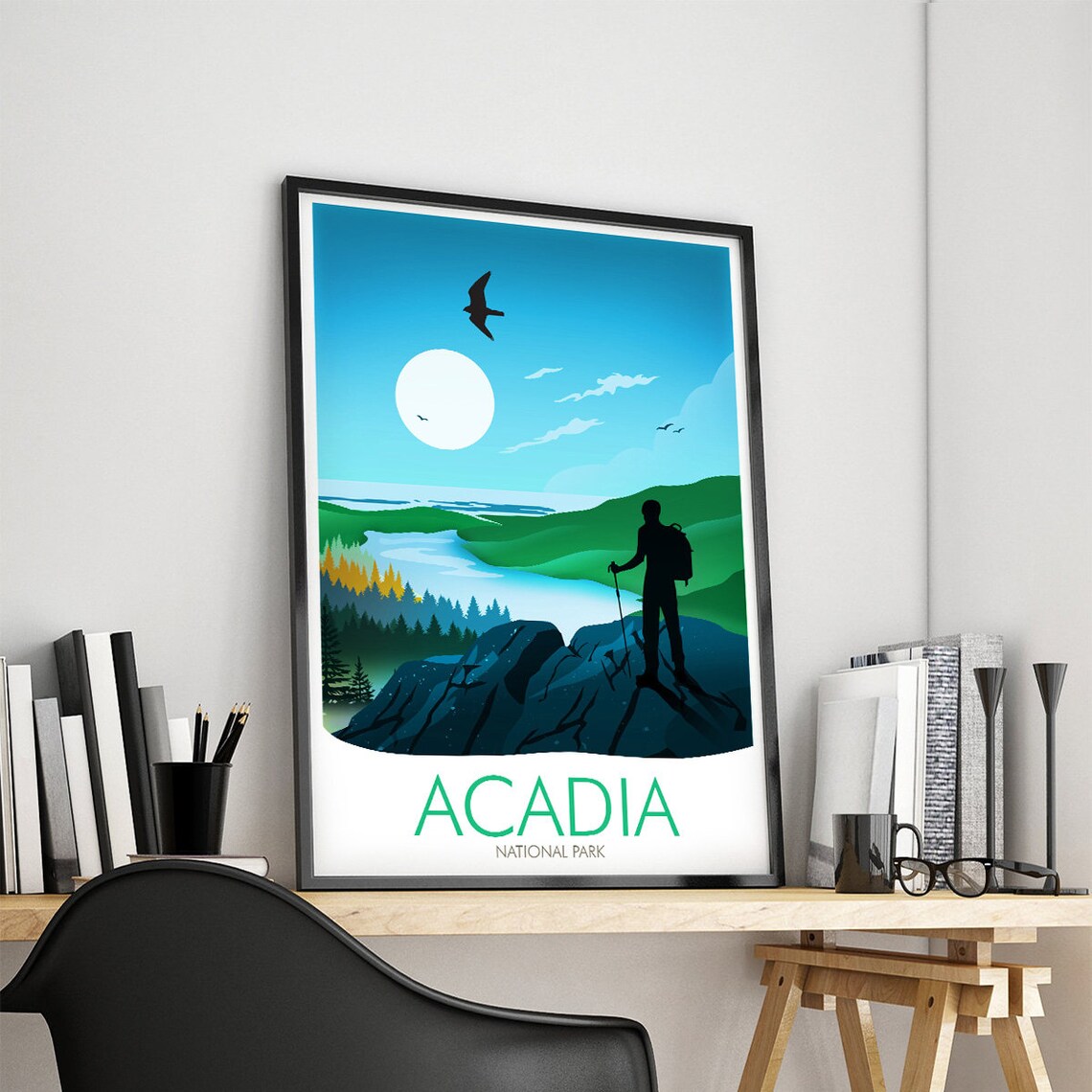 Acadia National Park Maine Hiker Summit Lake View Travel Poster - Image 4