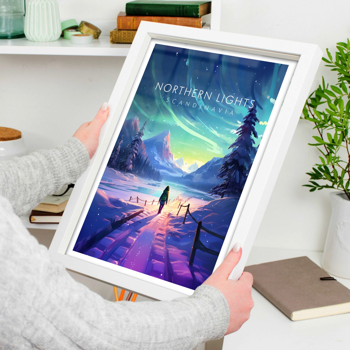 Northern Lights Scandinavia Aurora Snowy Night Travel Poster - Image 4