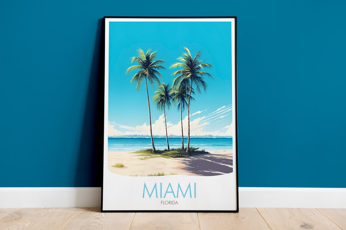 Miami Florida Beach Palm Trees Ocean Retro Travel Art Poster