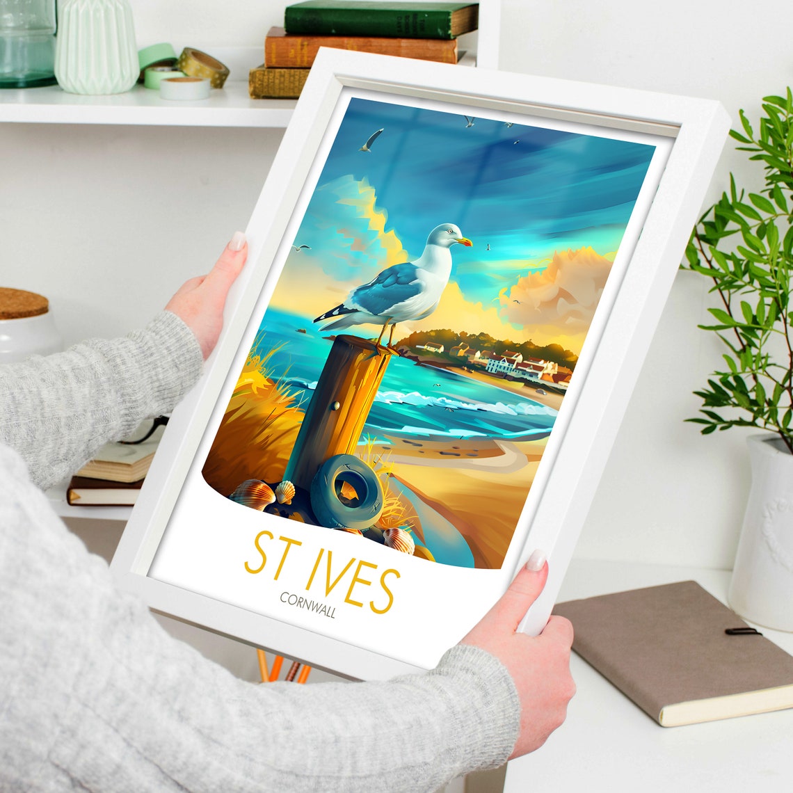 St Ives Cornwall Seagull Beach Post Golden Sunset Art Poster - Image 4