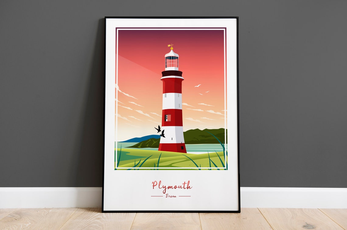 Plymouth Devon Striped Lighthouse Sunset Coastal Scene Poster