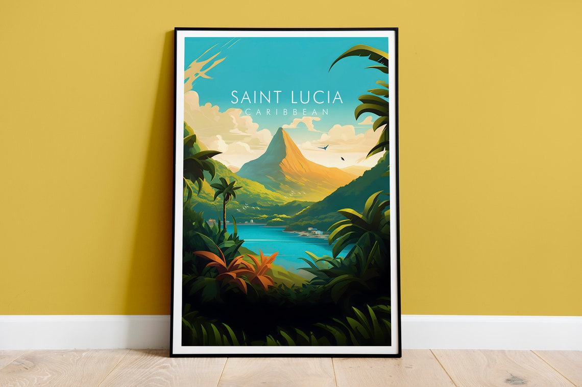 Saint Lucia Caribbean Tropical Lagoon Volcanic Hills Travel Poster