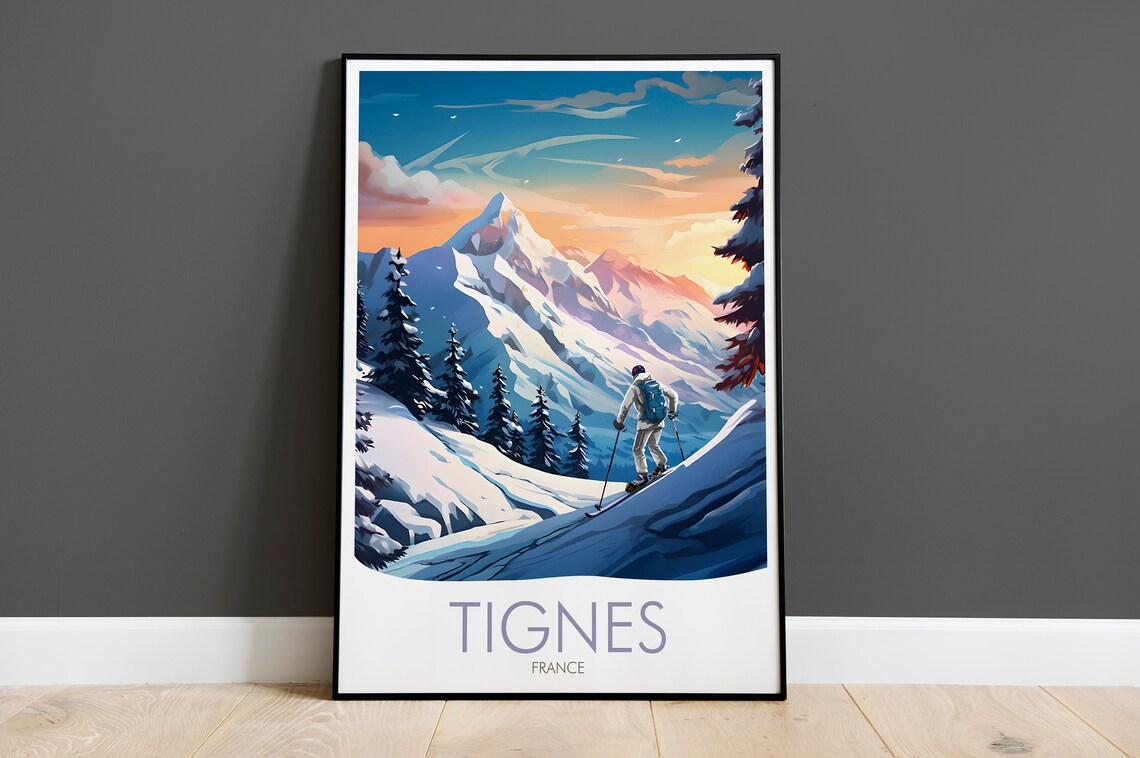 Tignes France Alpine Ski Resort Skier Snowy Peaks Sunset Poster