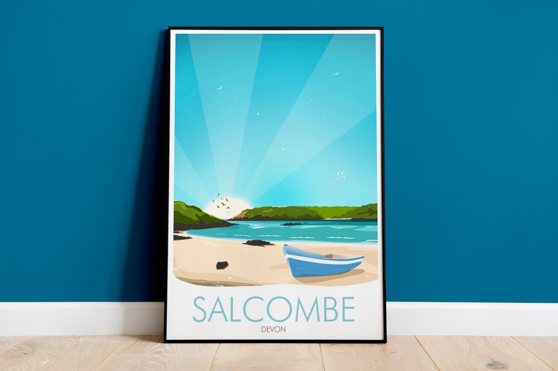 Salcombe Devon Beach Boat Blue Sky Coastal Seaside Art Poster